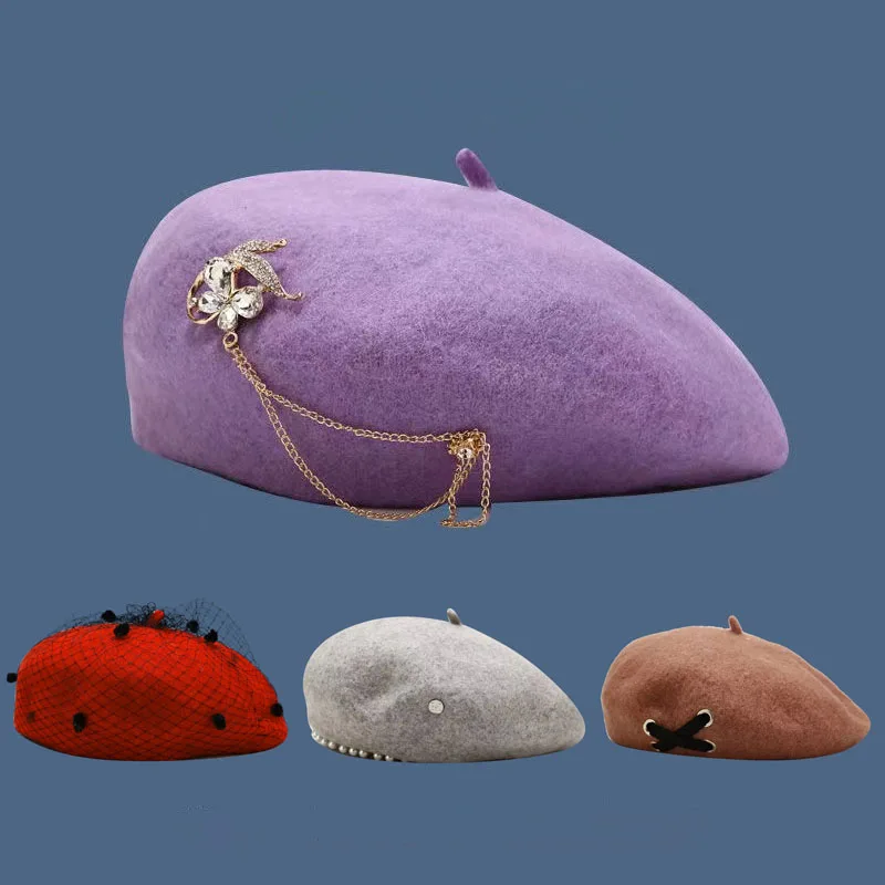 Берет женский кашемировый с жемчугом модная винтажная шапка в стиле ретро вуалью