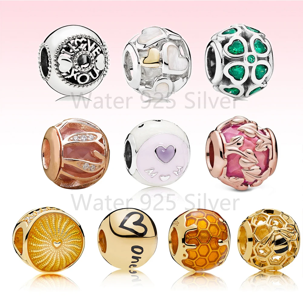 

2021 New 925 Silver Rose Pink Decorative Leaves Shine Rays of Sunshine Honeybee Hearts Charm Fit DIY Bracelet Original Jewelry