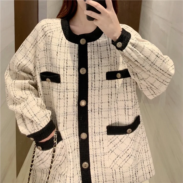 Cech tweed coat women clothes midi Elegant Slim Long Sleeve Plaid Coat Female Vintage jacket autumn winter coat ladies tops