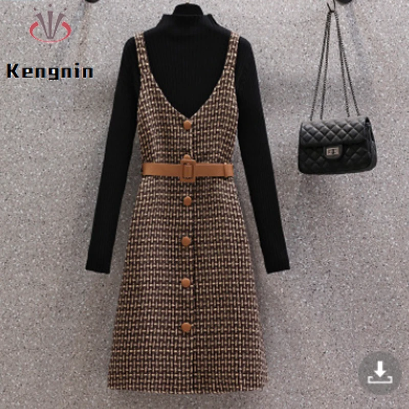 Plus Size 4XL Loose Women Dresses Sets Autumn Winter Knitted Sweater Top + Wool&Blends Sleeveless Overall Dress 2-Piece KE2157