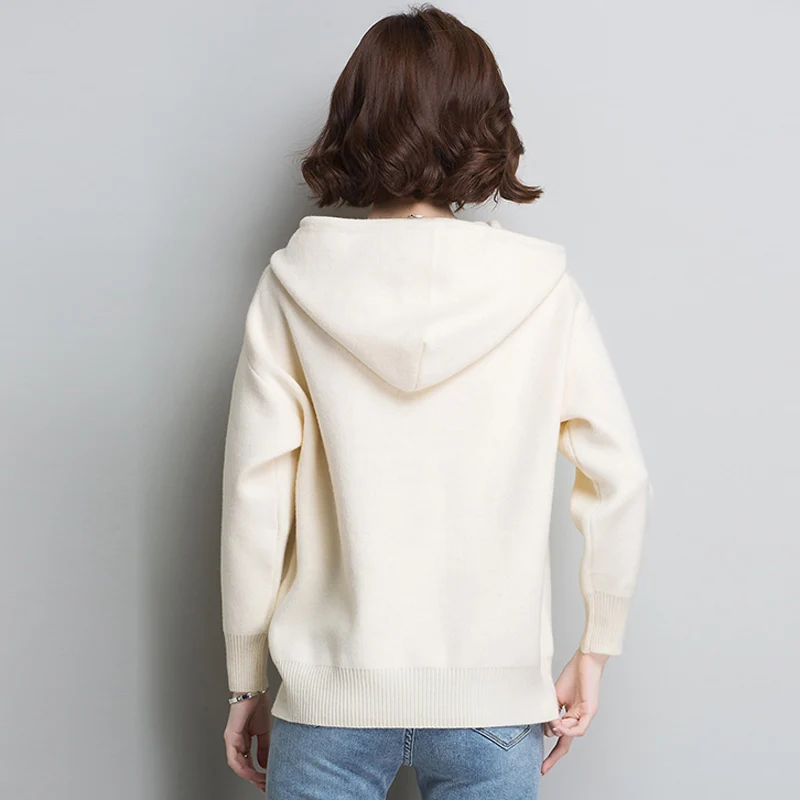 Fashion Hooded Sweater Female Solid Color Knitted Long Sleeve Pullovers Tops Women Spring New Casual Large Size Loose Sweater