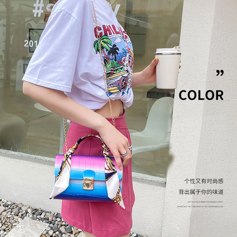 

New Women fashion Chain handbag with silk scarf Ladies Crossbody Bag female Rainbow gradient PU Leather Shoulder Messenger Bag