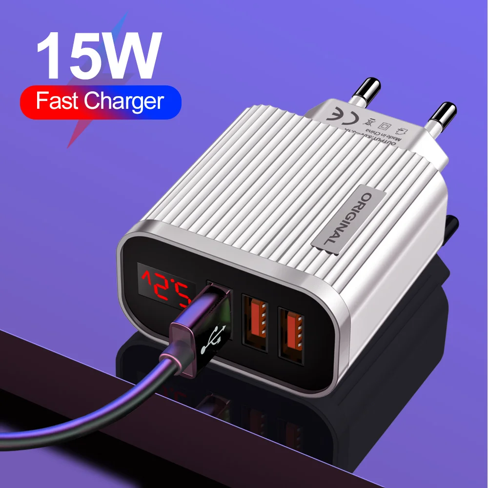 

5V 3.1A 3 USB Charging Ports Universal Wall For IPhone 12 Samsung Xiaomi Huawei Mobile Phone Chargers LED Display Fast Charger