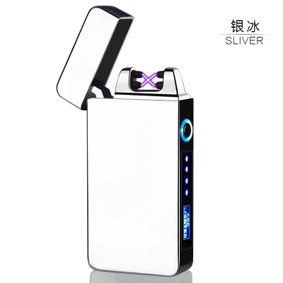 Silver Двойной Arc USB Зажигалка перезаряжаемая Электронная зажигалка светодиодный экран сигаретная плазма дисплей питания импульсная электронная зажигалка - Цвет: Silver