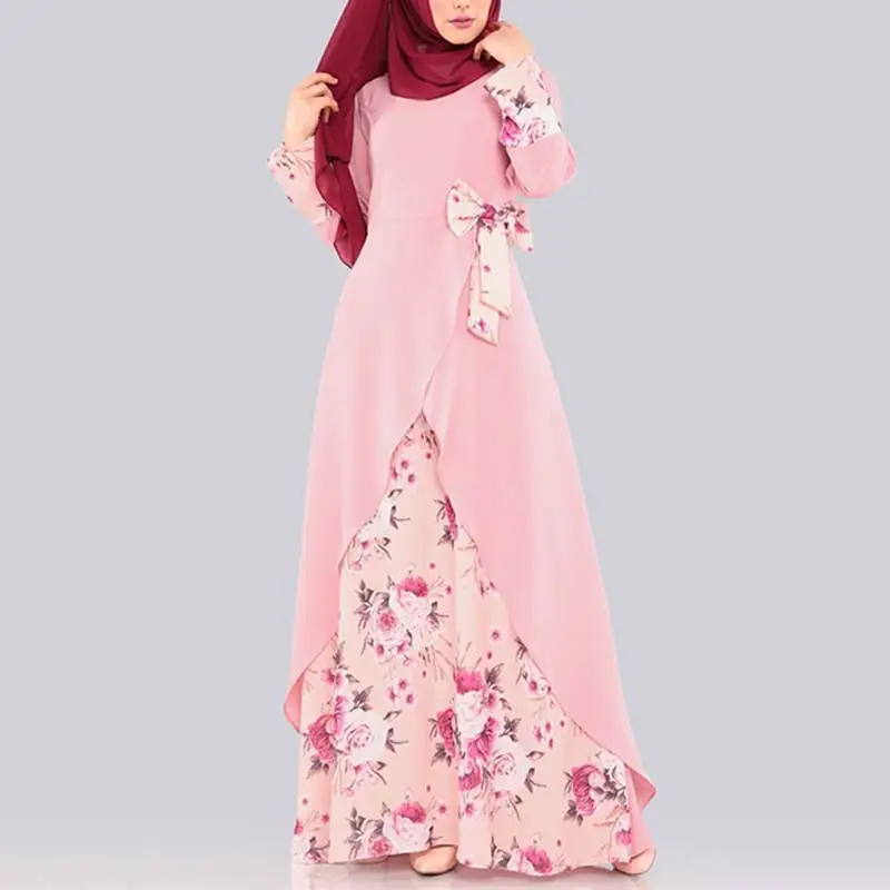 Pink MISSJOY мусульманские женские платья кимоно Абая печать цветочный бант арабский Сплит Нерегулярные Малайзия Дубай элегантное женское платье женское повседневное - Цвет: Pink