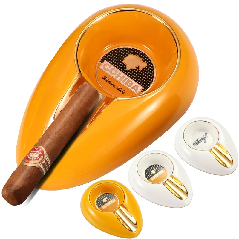

COHIBA Cigar Gadgets Ceramic Ashtray Portable Single Cigar Holder Ash Slot Yellow Tobacco Cigarette Ashtrays Smoking Accessories