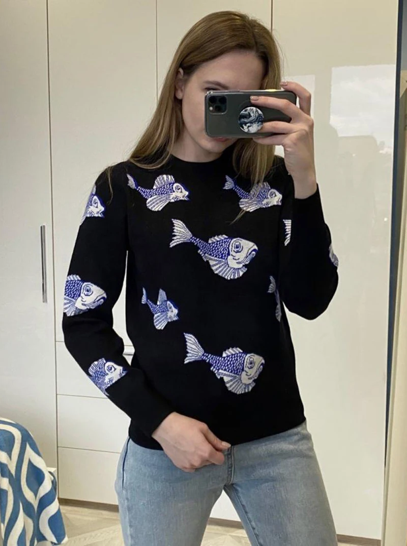 Осенне-зимние вязаные женские свитера с мультяшным рисунком пуловеры свитер