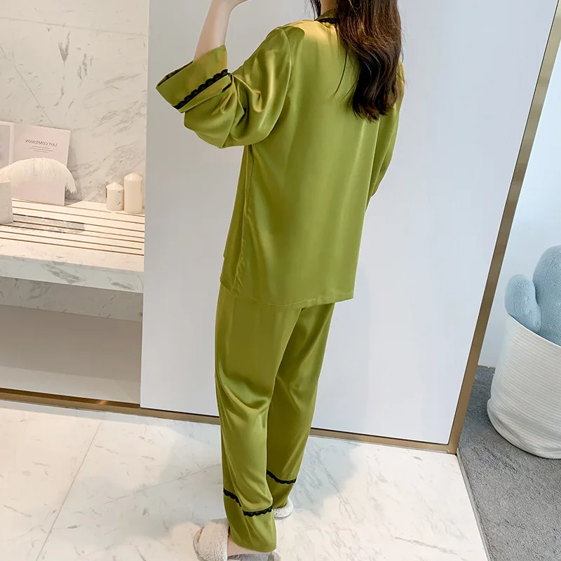 

Casual Satin 2PCS Pajamas Set Women Sleepwear Soft Nightwear Lounge Wear 2021 New Shirt&Pants Pyjamas Lace Intimate Lingerie