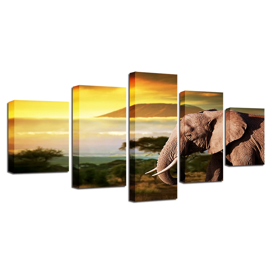 

Poster Modular Canvas Painting HD Printing 5 Pieces Animals Elephant And Tree Island Landscape Pictures Wall Decor Framework Art