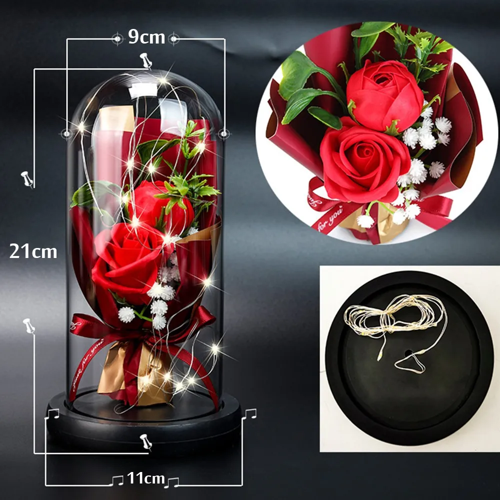 

Eternal Flower Glass Cover Led with Light Luminous Creative Ornaments Simulation Rose Soap Flower Valentine's Day Birthday Gifts