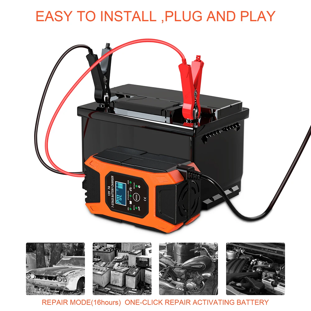 foxsur battery charger 12v 7 amp charger for cars7 stage automatic smart motorcycle charger for lead acid agm gel sal wet free global shipping