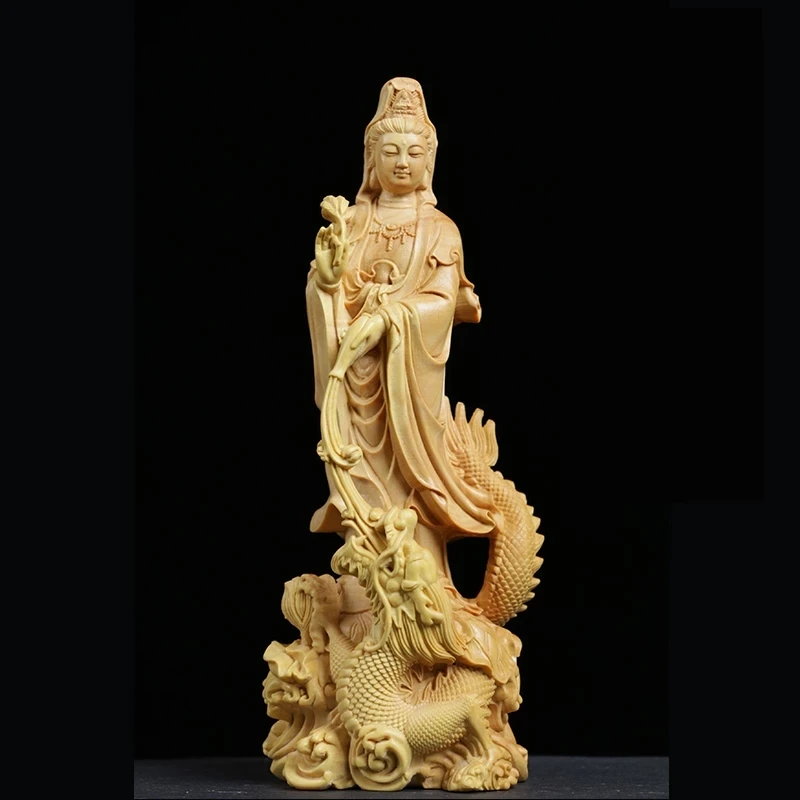 

Boxwood Carving Buddha Sculpture Hall Feng Shui Decoration Craft Solid Wood Buddha Statue Worship Dragon Guanyin Home Decor