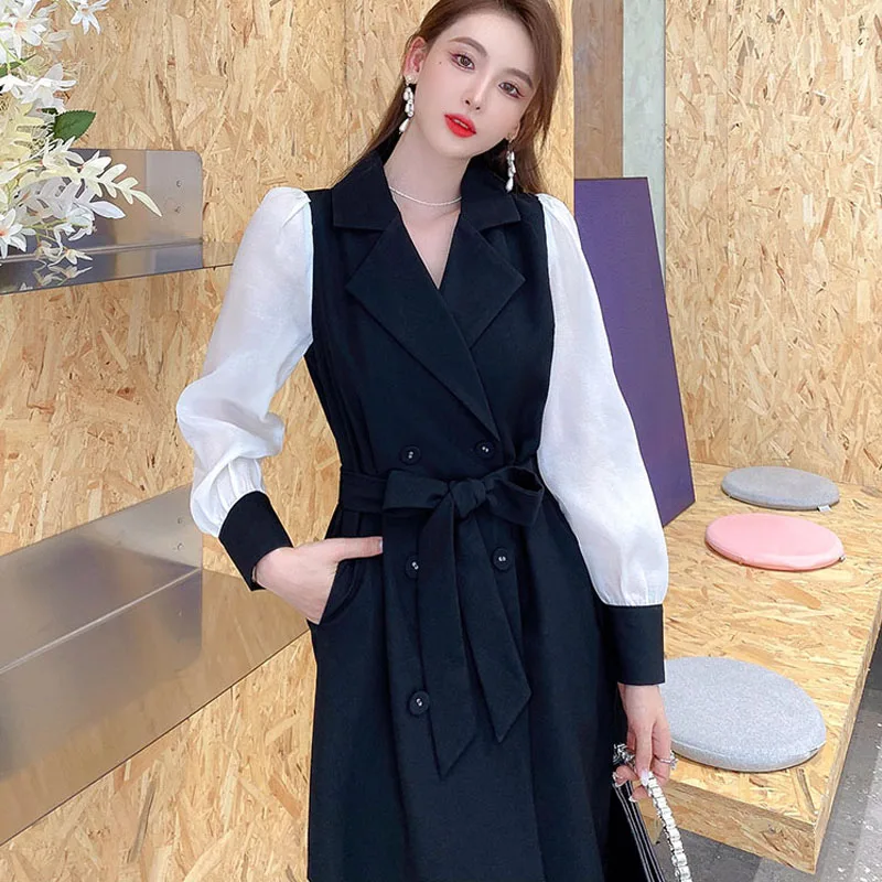 

French Elegant Lapel Black Dress Midi Dress 2022 Spring Autumn New Women'S Clothing Japanese-Style Sweet Stitching A-Line Dress