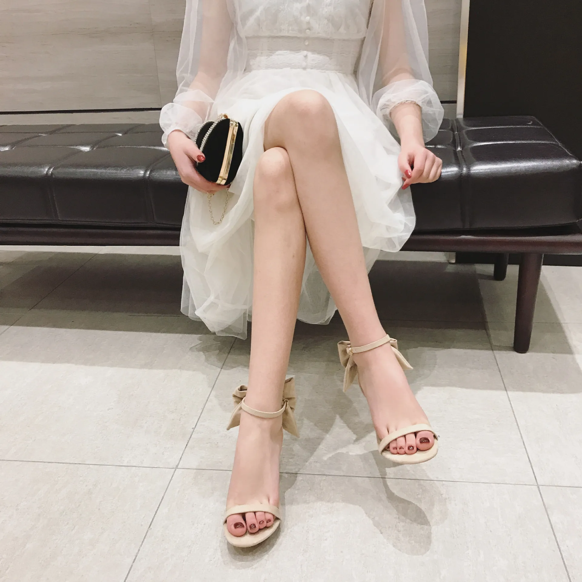 

new net red bow tie one line high heeled sandals female spring and autumn toe thin high heeled sandals female