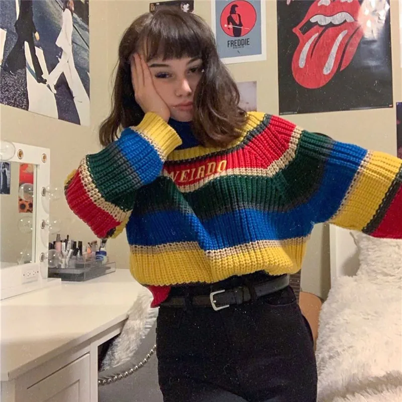 Осень каваи Радуга Разноцветные полосатый водолазка pull femme sweter вышивка вязаный свободный короткий укороченный свитер для женщин
