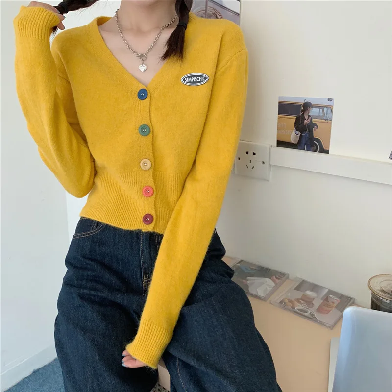 

Spring Autumn Sweaters Women V Neck Candy Colors Buttons Knitted Cardigan Casual Cute Short Women Sweater