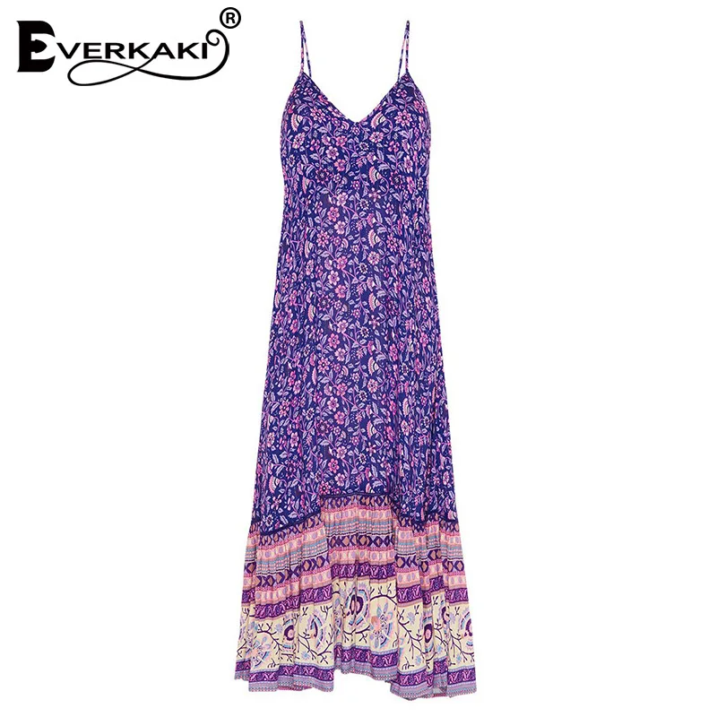 Purple Everkaki/платье-комбинация с цветочным принтом для женщин; Boho; свободные; цыганские; с открытой спиной; женские богемные длинные платья; Vestidos; Новинка осени года - Цвет: Purple