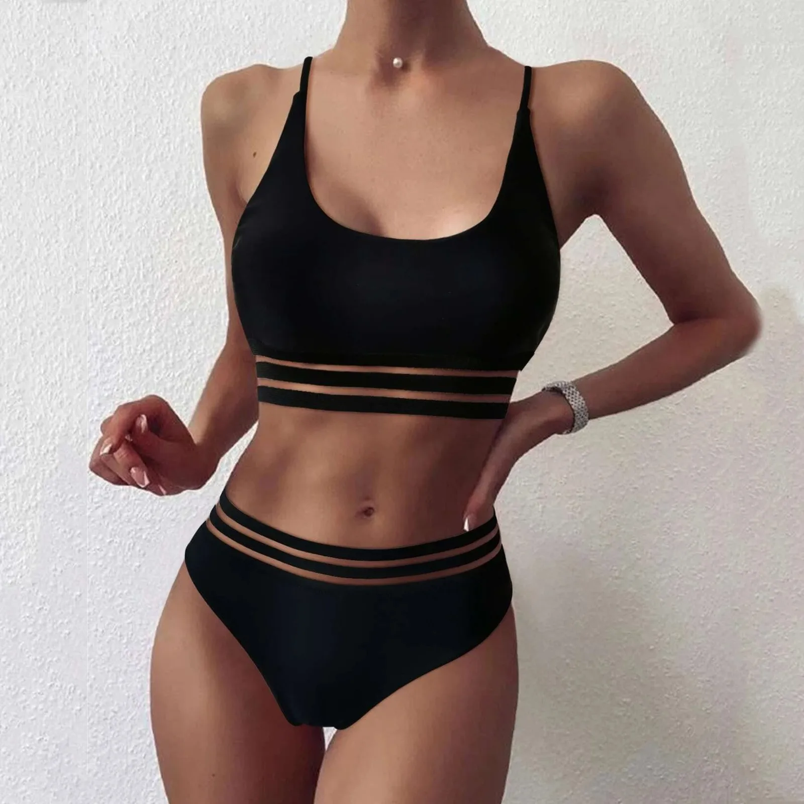 

2021 Hot Sale Women swimsuit Solid Sexy suspenders Bikini Set Push Up Filled Bra Swimwear Beachwear maillot de bain femme E2