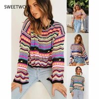 cardigan top women long sleeve single button decorated slim rainbow striped patchwork womens sweater spring autumn fashion 2021