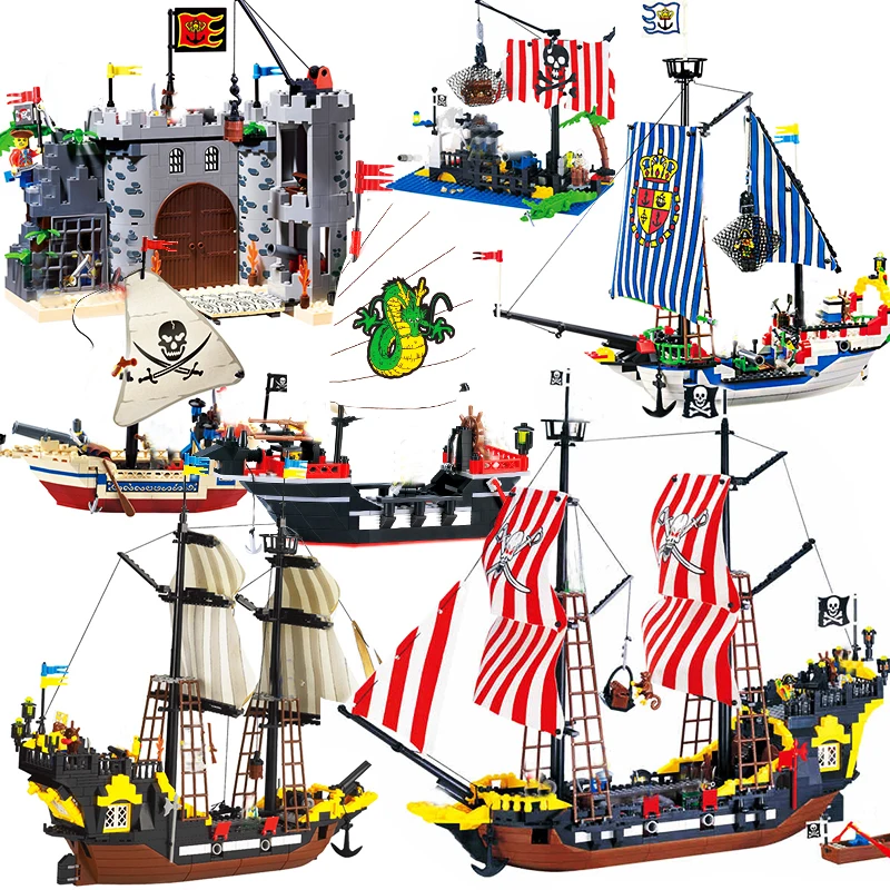 

Pirate Ships Model Compatible Warship Boats Castle Caribbean Pirates Medieval Figures Building Blocks kids Educational Toys
