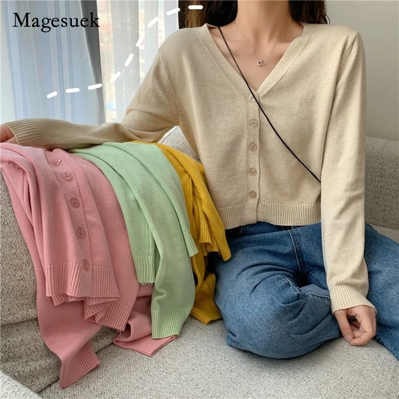 

Korean V-neck Long Sleeve Sweater Autumn and Winter Fashion Sweater Women Knitwear Female Solid Color Coat Short Cardigan 16610