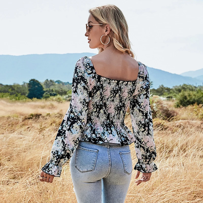 

Summer Short Floral Blouse Top For Women 2021 New Elegant Square Collar Slim Full Sleeve Ladies Casual Print Pullover Top