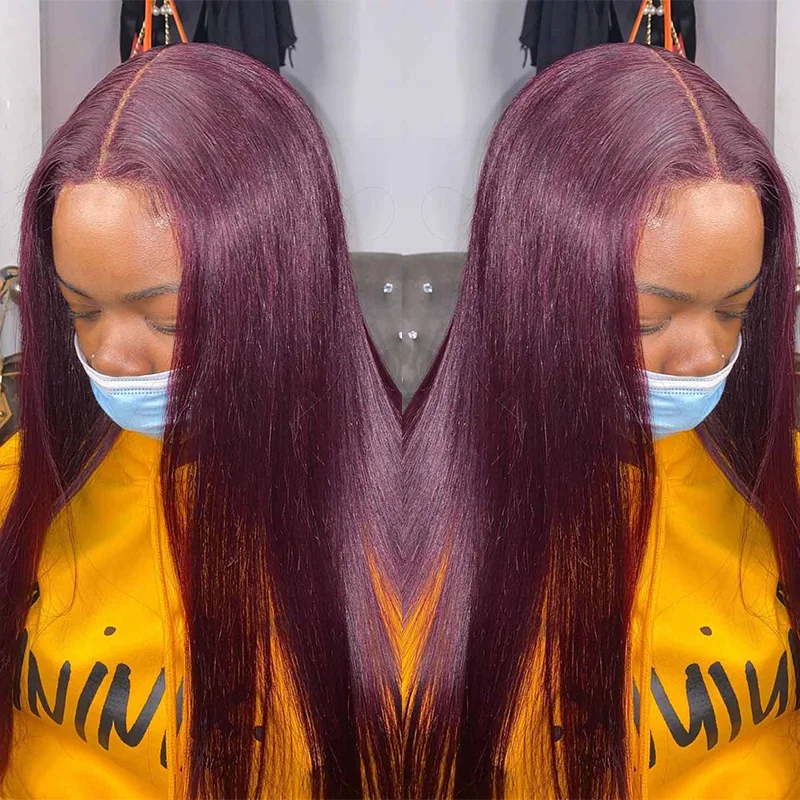 

Brazilian 13x1 Straight Lace Front Human Hair Wigs Remy Burgundy 99J Red Pre-Plucked Middle Part Lace Wig for Women 150 Remyblue