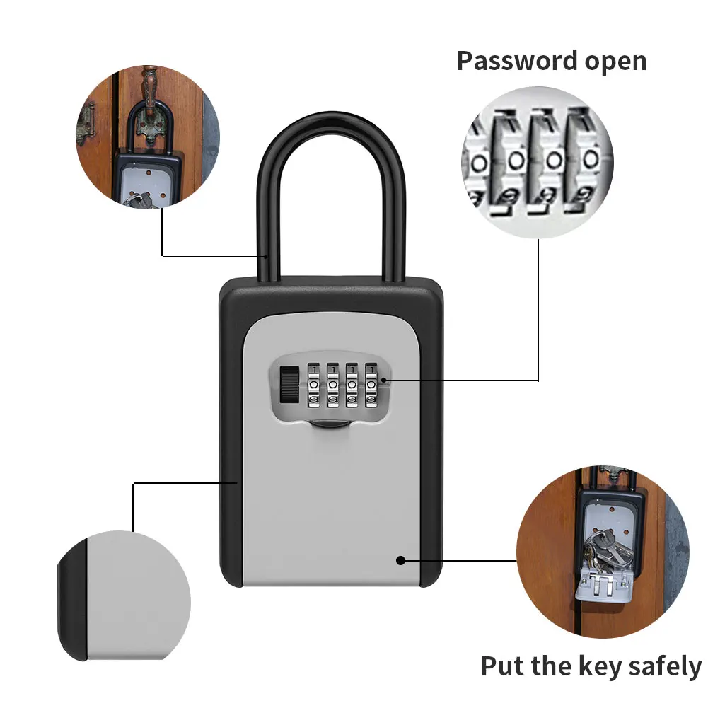 

Key Safe Lock Box Outdoor Wall Mounted Aluminum alloy Key Safe Box Weatherproof 4 Digit Combination Key Storage Lock Box