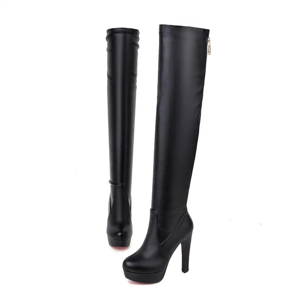 

BONJOMARISA Female Fashion Platform Block Heel Zipper Over The Knee Boots Sext Fashion Knee High Boots Women Party Shoes Woman