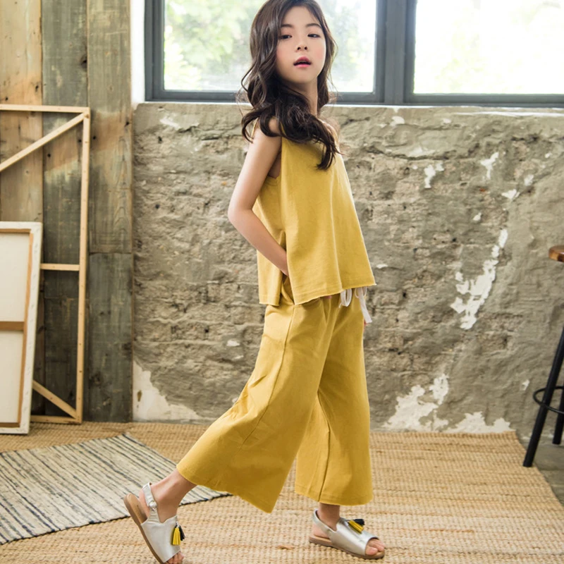 

2021 Summer Casual Teenage Girls Vest Set Sleeves Tops With Loose Pants Cotton Children Outfits 2pcs Children Clothing Sets