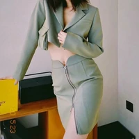 2021 ladies two piece suit slim fashion pocket green suit zipper high waist skirt spring and autumn retro sexy high fashion