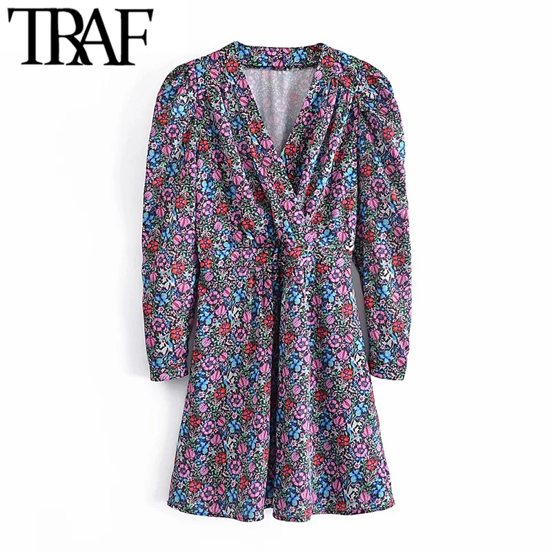 

Платье-мини Плиссированное с цветочным принтом и V-образным вырезом