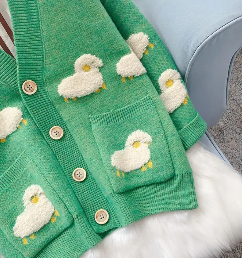 

Autumn Winter Knitted Female Cardigan Loose Streetwear Knit Sweater Coat Cute Cartoon V Neck Knitted Cardigan Women Jacket W351