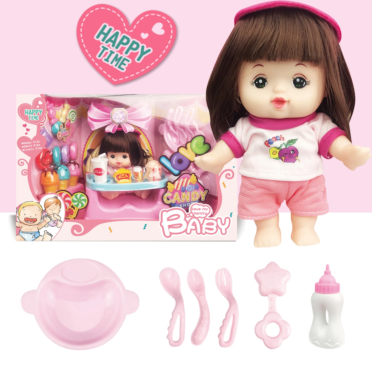 

8inch Soft Kawaii Baby Dolls Toys with Safe Plastic Mini Furniture Baby Dining High Chair & Candy Food Accessories for Child