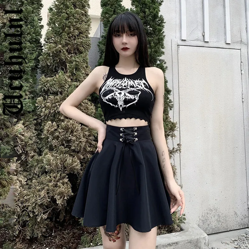 

Ucuhulnl Dark Gothic Punk High Waist Skirt Women Streetwear Vintage Mall Goth Lace Up A-line Skirt Grunge Fashion Black Jk Skirt