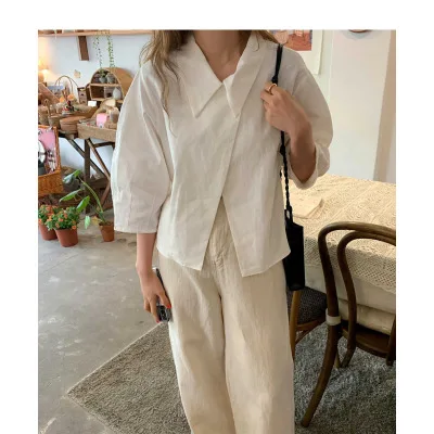 

2020 Summer Korean Casual Solid Shirts Blouses Women 3/4 Sleeve Turn-down Collar Loose Tops Fashion Female Blusas Mujer