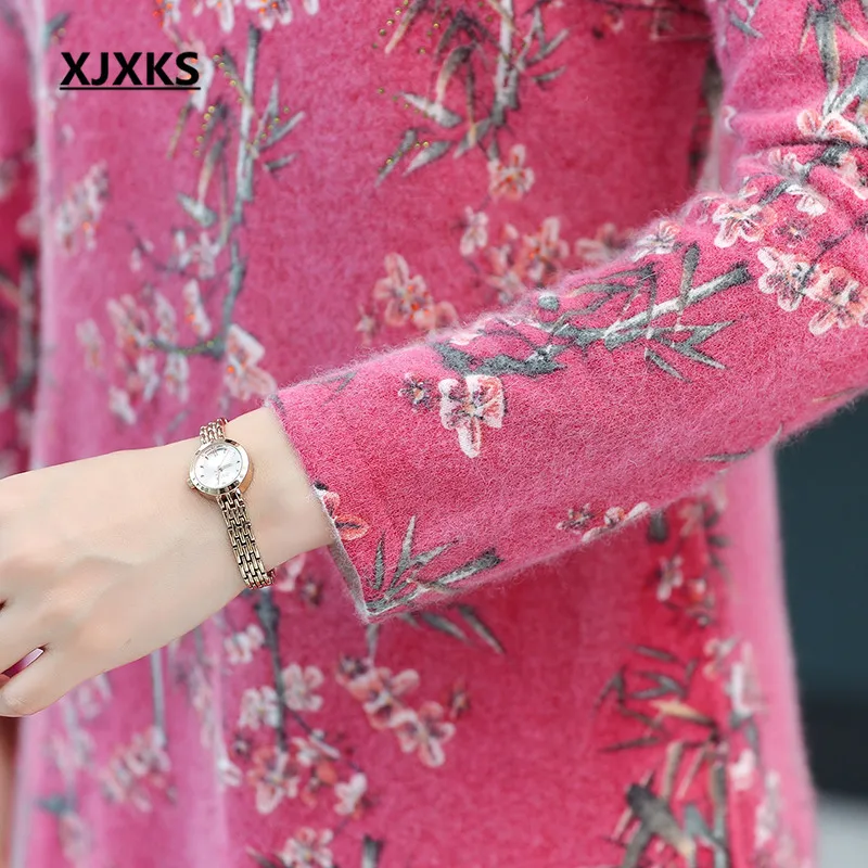 XJXKS Exquisite printed women long sweater pullover 2019 autumn winter new loose plus size mink cashmere knitted dress | Женская одежда