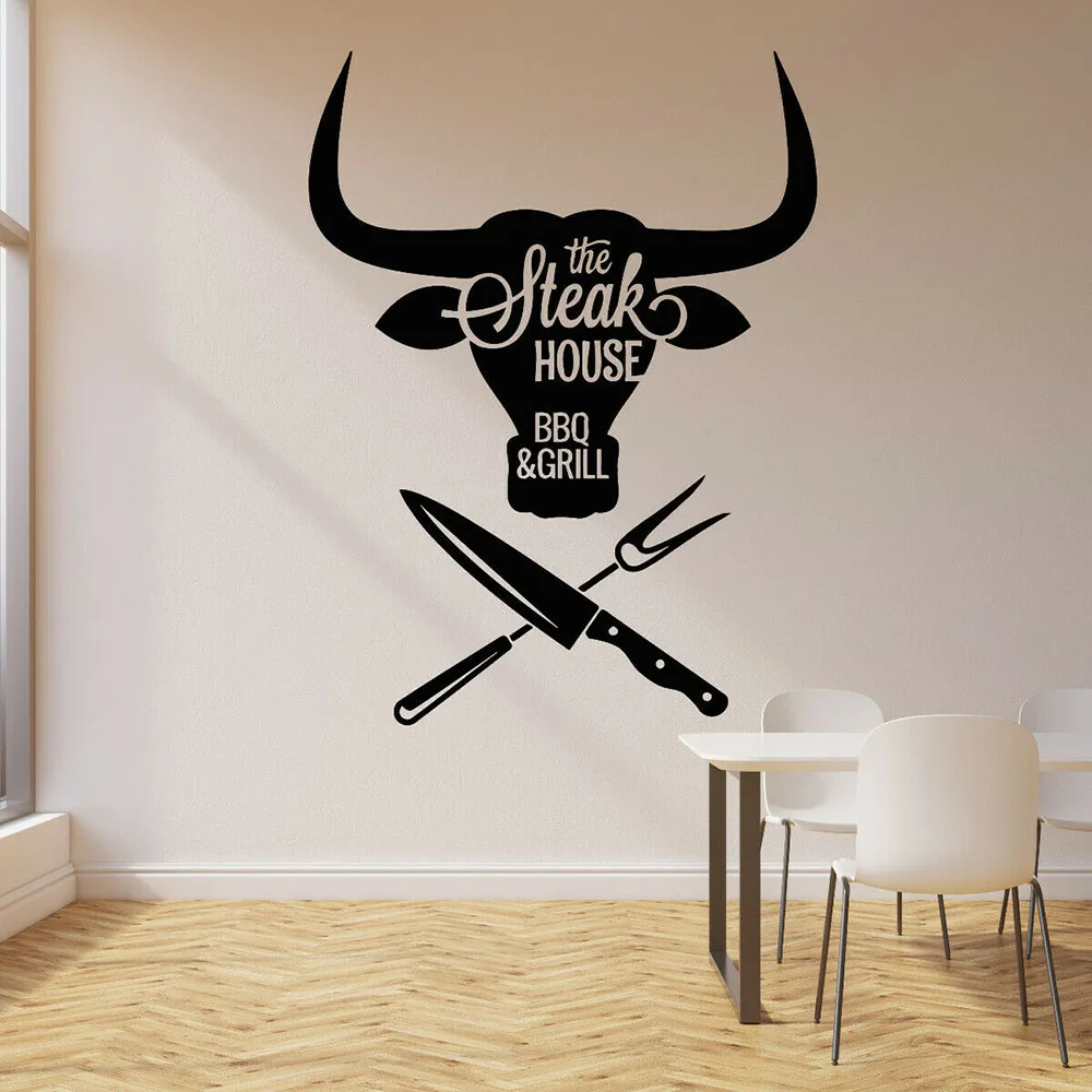 Steak House Logo Vinyl Wall Decal BBQ Meat Special Grill Beef Restaurant Dining Room Interior Decor Door Window Stickers E136
