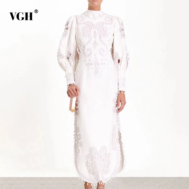 VGH платья с принтом для женщин стоячий воротник рукава фонарики высокая талия
