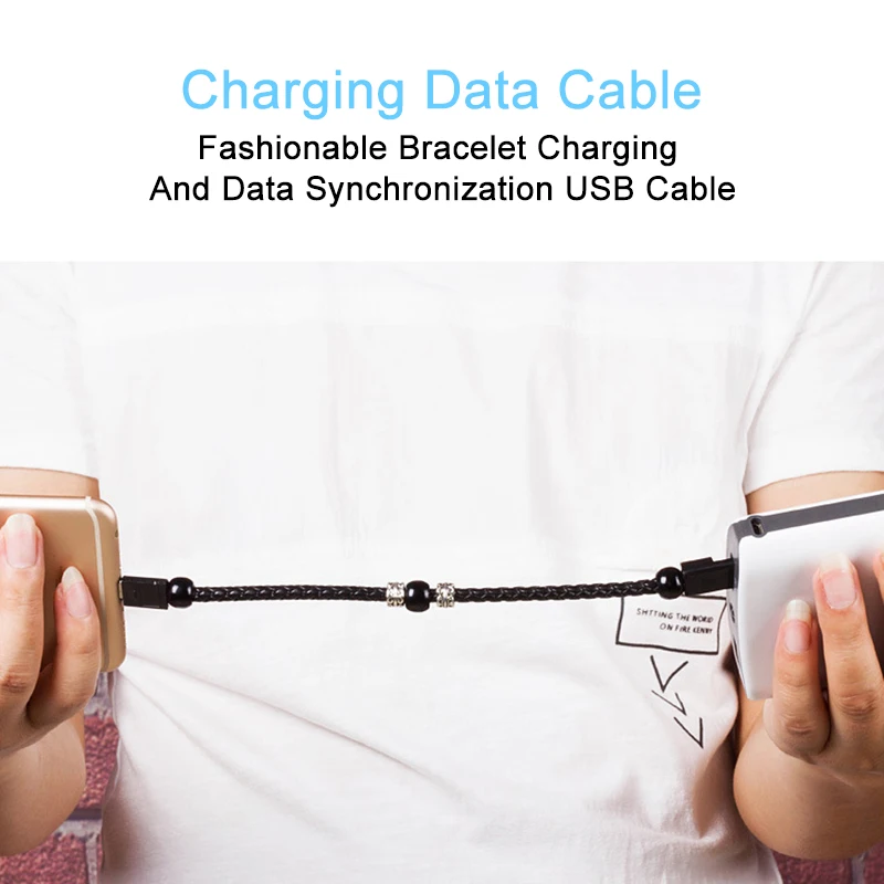 Mini Micro USB Type C Cable Portable Leather Bracelet Beads Charger Cable For iPhone XR Samsung S20 Android Phone Charging Wire