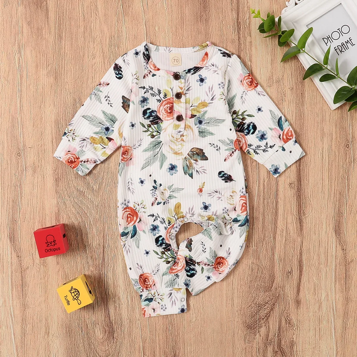 

Newborn Toddler Girls One Piece Jumpsuit Buttons Round Neck Toddler Long Sleeve Floral Romper Clothes 0-24M