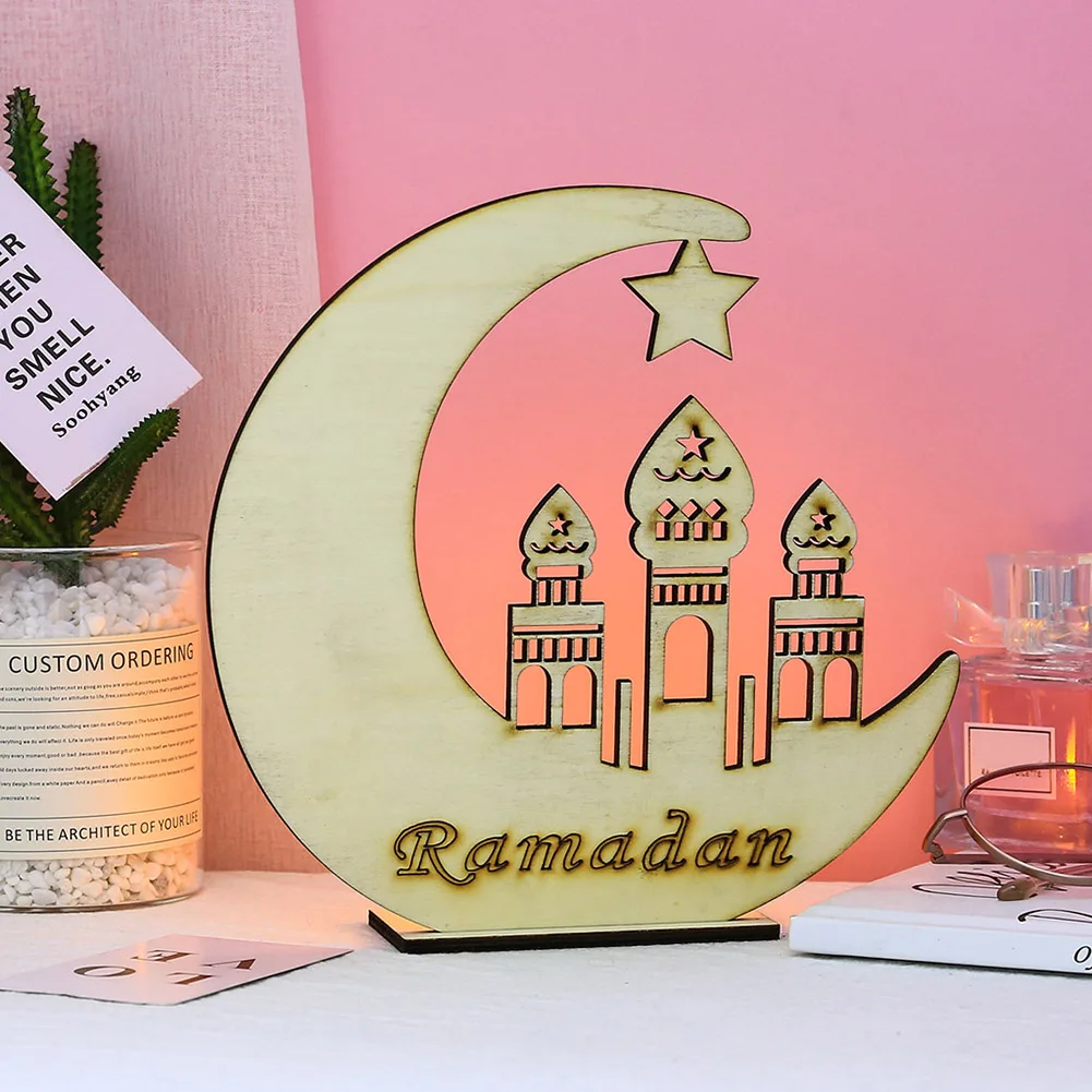 

Wooden Moon Star LED Lights Desktop Ornament Eid Mubarak Muslim Islam Ramadan Festival Decorations Art Craft for Home