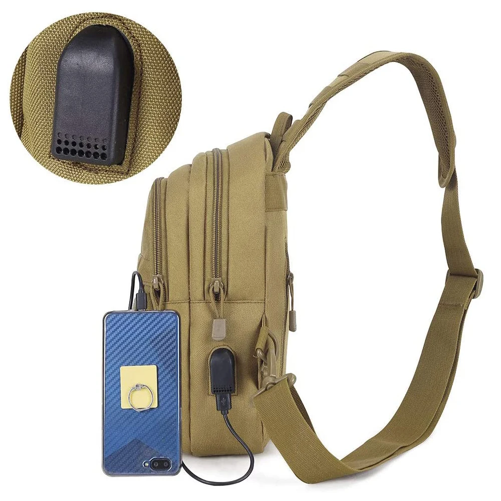 구매 전술 가슴 가방 Molle 가슴 슬링 팩 배낭 야외 일상용, 물병 포켓 USB 콘센트가 있는 크로스 바디 백