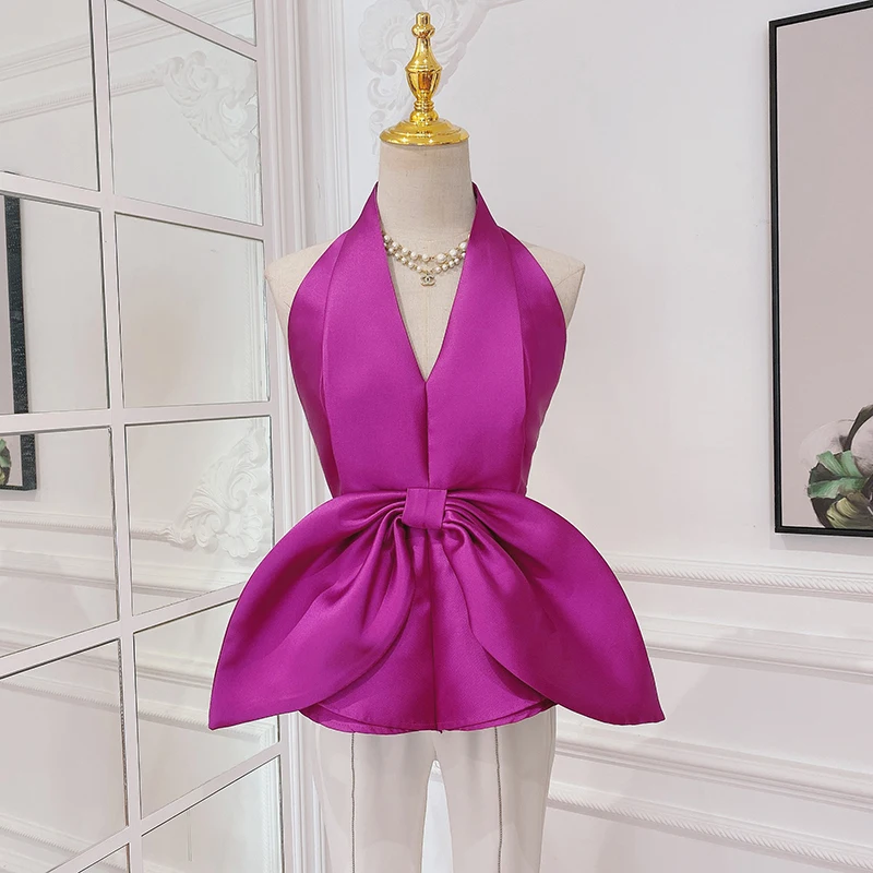

Halter Blouse Women Backless Tuxedo Shirts Sexy Halter with V Neck Bow Sleeveless Open Back Blouse Ladies Elegant Tops