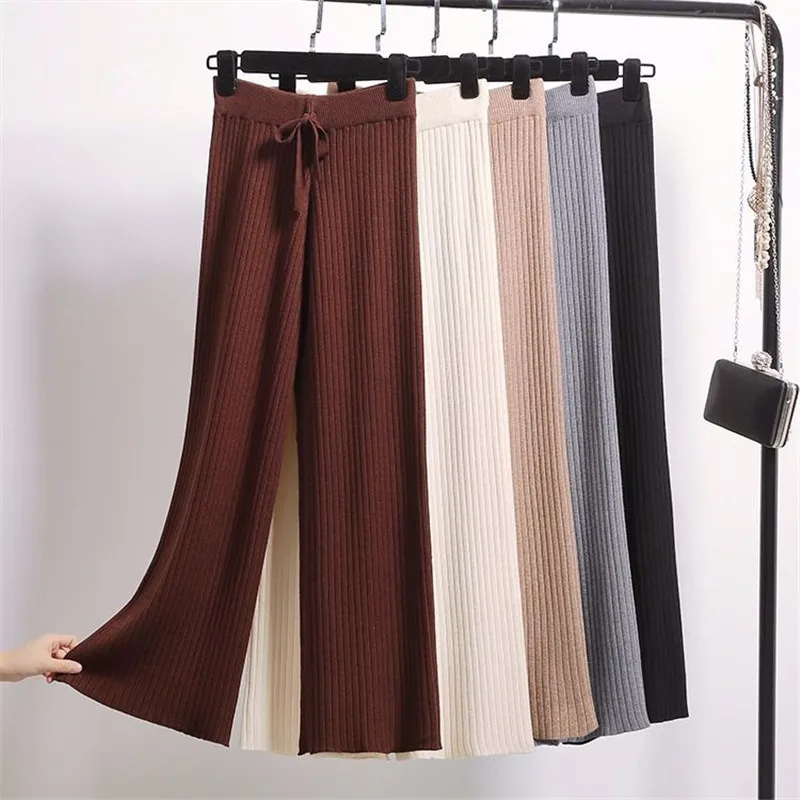 

Wide Leg Pants Women Winter THICK Casual Straight Pants Women Female Drawstring Loose Knitted Wide Leg Pants Casual Trousers