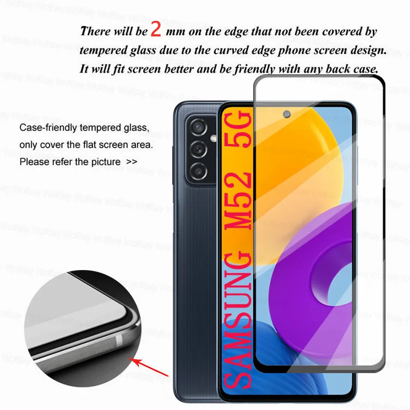 Protector de pantalla de cristal templado para Samsung Galaxy M52, pel&iacute;cula de lente de cobertura completa para M52, M42, M32, M22-3