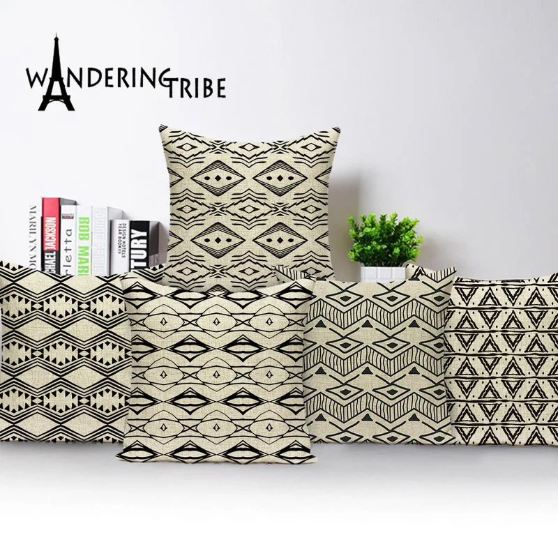 

Retro Plaid Throw Pillow Cover Art Nouveau Nordic Boho Cushion Case Black Stripe Geometric Home Decor Pillow Cases Cushions