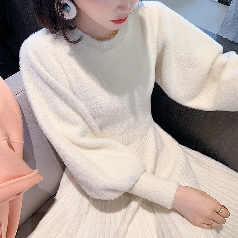 

Женское трикотажное платье-свитер, Повседневное трикотажное платье с длинным рукавом, в Корейском стиле, Осень-зима 2021