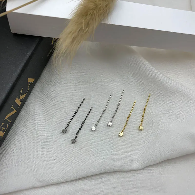 

S925 sterling silver three-dimensional small square ear line Korean style simple wild long ear line jewelry female