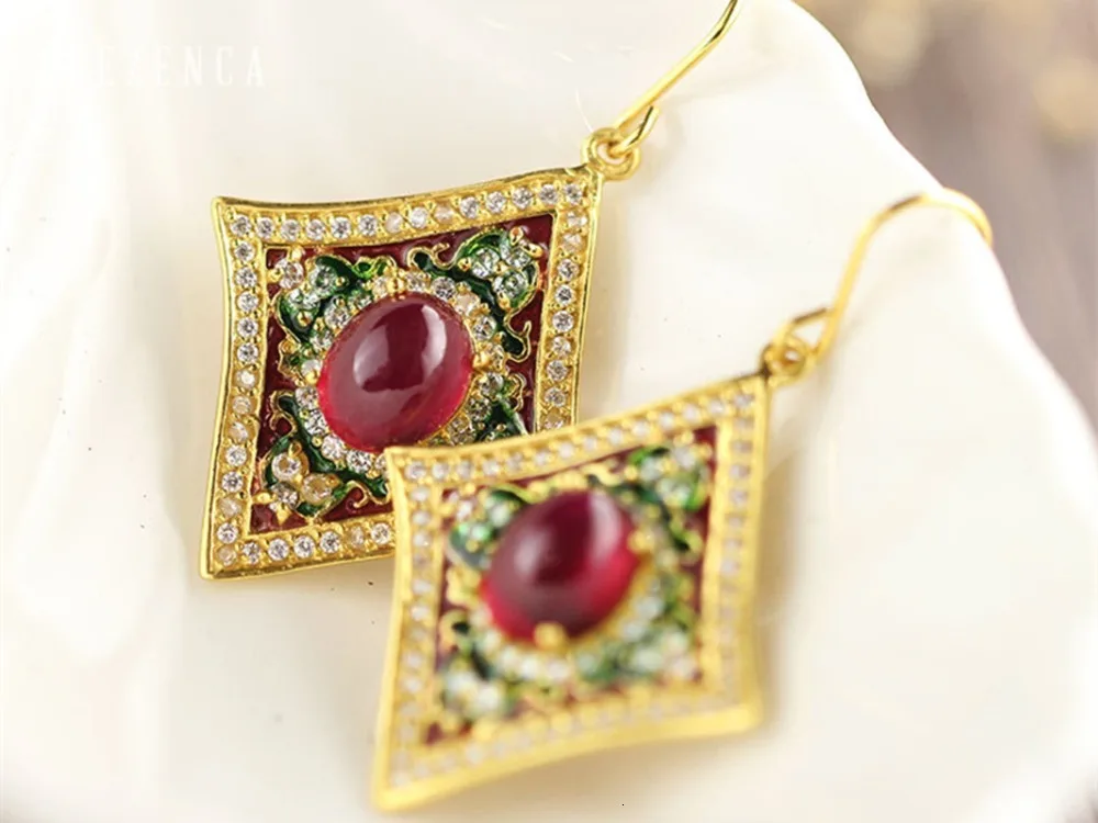 925 стерлингового серебра, Драгоценный Рубин, Cloisonne цвет, серьги ручной работы, ювелирные изделия, женские винтажные Роскошные серьги